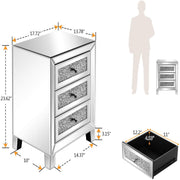 VINGLI Mirrored Nightstand 3 Drawer Glass Accent End Bedside Table