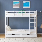 VINGLI Bunk Bed Twin Over Twin with 2 Storage Drawers/RGB LED/Charging Station, Solid Wood Bunk Bed Frame with 15 inches High Safety Guardrail and Ladders for Kids, White