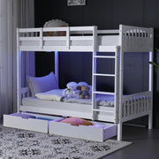 VINGLI Bunk Bed Twin Over Twin with 2 Storage Drawers/RGB LED/Charging Station, Solid Wood Bunk Bed Frame with 15 inches High Safety Guardrail and Ladders for Kids, White