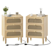 VINGLI Rattn Nightstand 3 Drawer Bed Side Table with Charging Station
