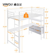 VINGLI Twin Metal Loft Bed Frame with L-Shaped Desk