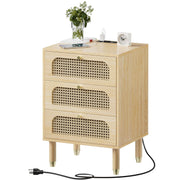 VINGLI Rattn Nightstand 3 Drawer Bed Side Table with Charging Station