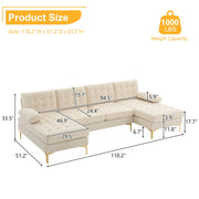 VINGLI SS103 110" Linen Fabric U Shaped Sectional Couch Sofa with Tufted Button