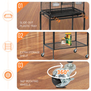 VINGLI 53-inch Bird Cage with Wheels, Durable Wrought Iron Parakeet Cage with Slide Out Tray, Black Bird Cages for Parakeets/Lovebird/Cockatiels/Budgies and Other Small/Medium Birds