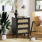 VINGLI Rattn Nightstand 3 Drawer Bed Side Table with Charging Station