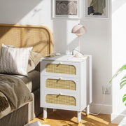 VINGLI Rattn Nightstand 3 Drawer Bed Side Table with Charging Station