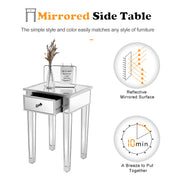 VINGLI Mirrored Nightstand with Drawer Silver Bedside Table