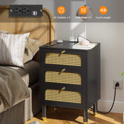 VINGLI Rattn Nightstand 3 Drawer Bed Side Table with Charging Station