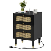 VINGLI Rattn Nightstand 3 Drawer Bed Side Table with Charging Station