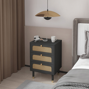 VINGLI Rattn Nightstand 3 Drawer Bed Side Table with Charging Station