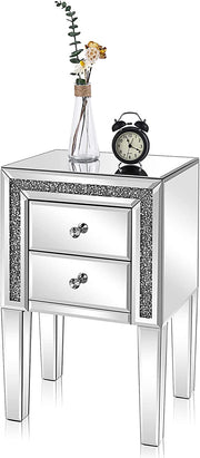 VINGLI Mirror Nightstand Glass End Table with 2 Drawer